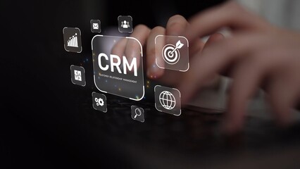 Fototapeta premium CRM platforms improve customer relationships through data analysis, CRM communication tools, and automation. CRM systems support customer management, tracking, and CRM relationship success. Muxer