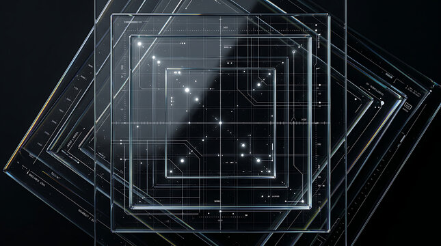 Layered glass panes with glowing technical grid lines in a 3D abstract composition for futuristic technology background