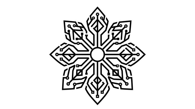 Minimalist digital snowflake circuit board pattern isolated on