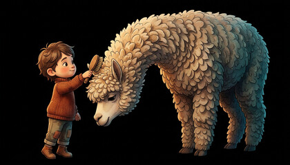Fototapeta premium Cartoon child brushing a fluffy alpaca on a black background