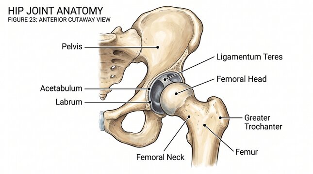 Anatomical diagram of human hip joint showing pelvis acetabulum