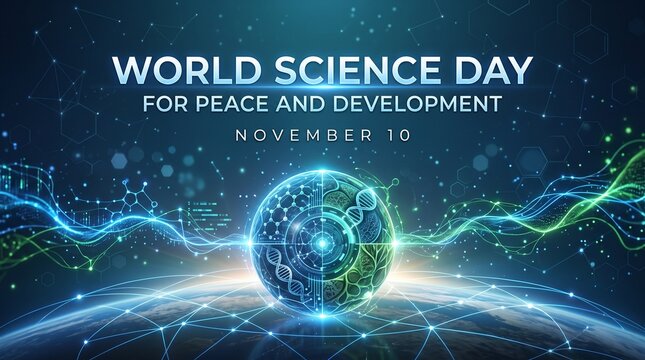 World science day for peace and development banner with glowing earth globe