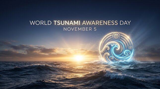 World tsunami awareness day banner with glowing ocean wave symbol at sunset