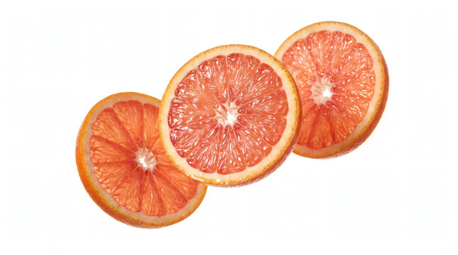 Three fresh grapefruit slices on white background