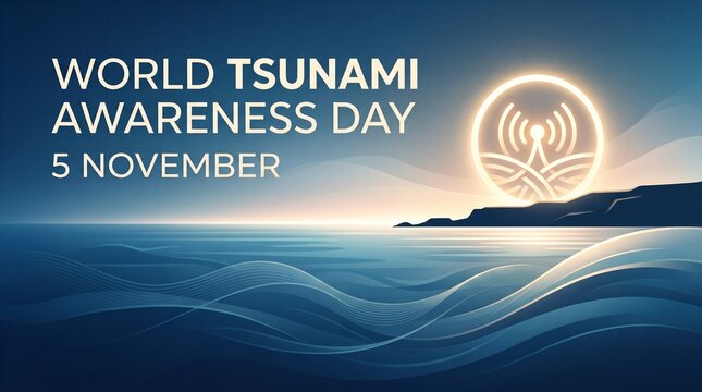 World tsunami awareness day concept featuring ocean waves and radio alert symbol