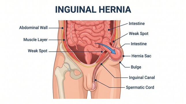 Medical illustration of inguinal hernia showing abdominal wall