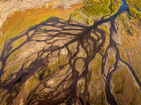Aerial view of complex river channels at Ray Atkeson Memorial Trail in Deschutes County Oregon showing unique dendritic patterns in the landscape.