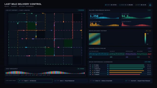 Explore a high-tech fleet management dashboard featuring real-time vehicle tracking, fuel efficiency metrics, and driver performance analysis in a sleek dark-mode interface.