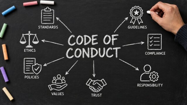 Code of conduct chalkboard diagram linking ethics, policies, trust and compliance