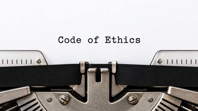 Vintage typewriter displaying code of ethics on paper