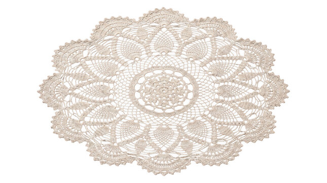 Vintage round crochet doily with intricate pineapple patterns and delicate scalloped edges, handcrafted beige lace textile isolated on transparent background