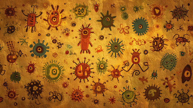 Abstract prehistoric cave painting with primitive alien and microorganism symbols
