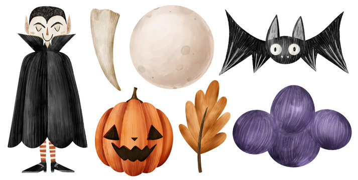 Hand-Painted Watercolor Halloween Clipart. Dracula, Bat Pumpkin And Moon On Transparent Background.  For Invitations, Cards, Stickers And Halloween Decor