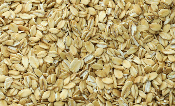 Detailed view on raw oat grains in big pile on table close up