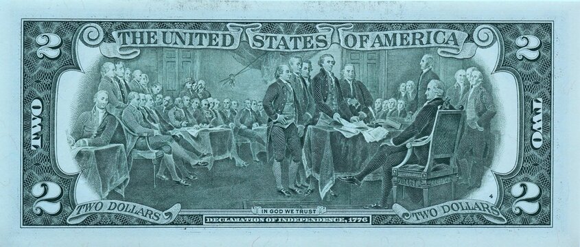 Large fragment of the reverse side of 2 two dollars bill banknote with declaration of independence