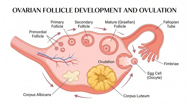 Ovarian follicle development and ovulation cycle medical diagram