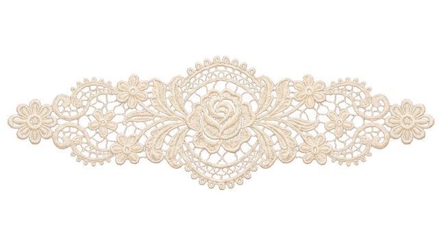 Vintage beige lace trim with rose flower motif and floral embroidery, delicate decorative textile element isolated on transparent background