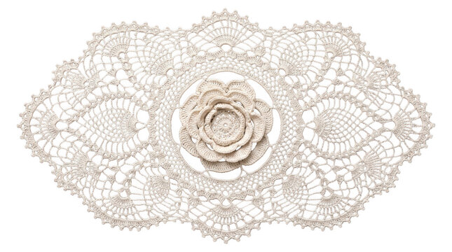 Handmade crochet doily with central rose flower design, intricate beige lace table mat isolated on transparent background