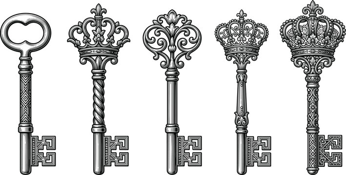Antique skeleton keys vector set featuring ornate crown handles and intricate filigree details on an isolated white background