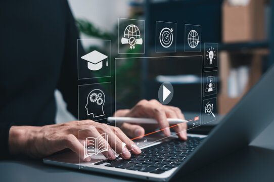 Online education and e-learning concept. Person use laptop with icons representing online education, learning, knowledge sharing, educational tools, training, webinar on internet, digital courses,