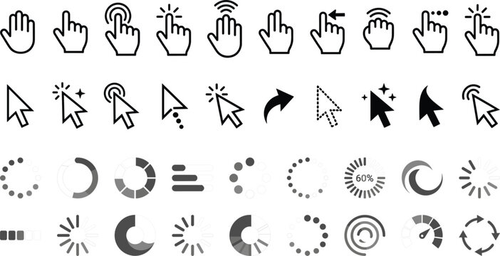 Collection of pixel computer mouse arrow cursors hand gestures and circular loading progress bars icons for website interface