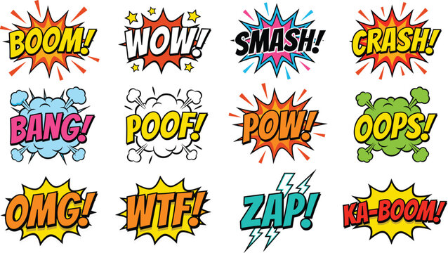 Comic book speech bubbles sound effects vector set featuring boom wow smash crash bang and pow text bursts