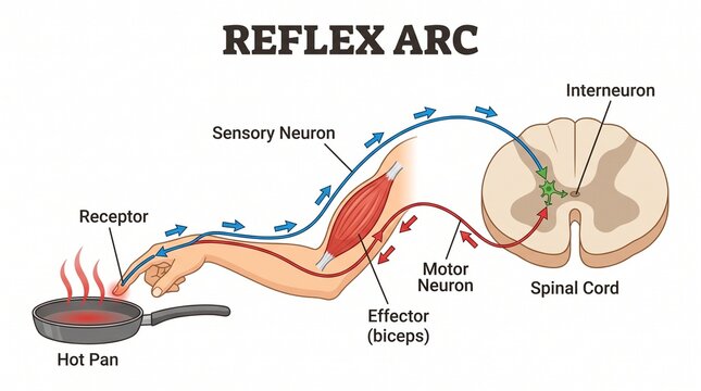 Educational diagram of a human reflex arc showing sensory and motor