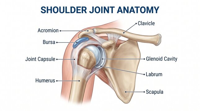 Medical illustration of human shoulder joint anatomy showing bones