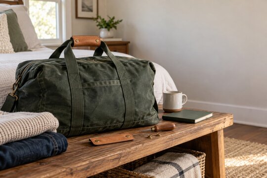 Canvas travel bag with a tan leather carry handle wrap