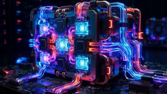 Futuristic quantum computer processor with glowing pink cooling tubes