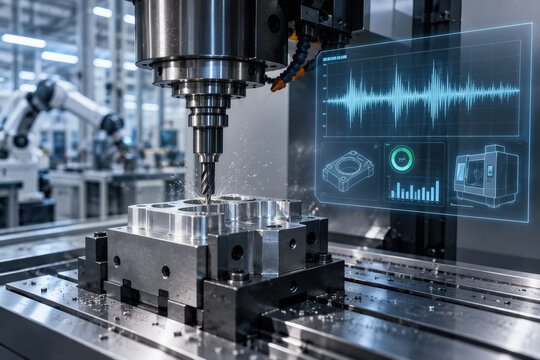 CNC milling machine cutting aluminum workpiece in automated smart factory with real-time vibration analytics overlay predictive maintenance Industry 4.0 manufacturing monitoring