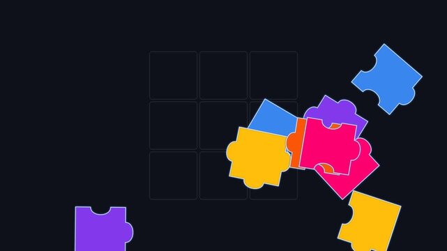 Colorful jigsaw puzzle pieces moving and connecting on a dark background game pieces solving puzzle grid bright colors matching pieces game pieces solving puzzle grid bright colors