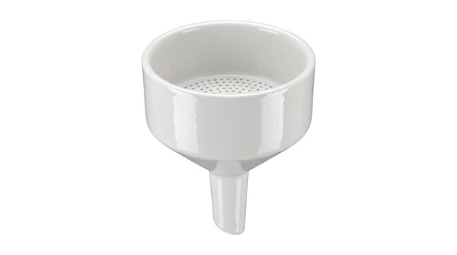 Buchner funnel isolated on transparent background, white ceramic laboratory filtration equipment for scientific research and chemical analysis