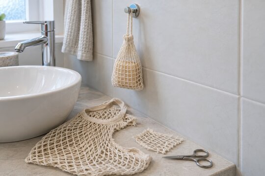 Damaged cotton mesh bag reused as a hanging soap saver pouch