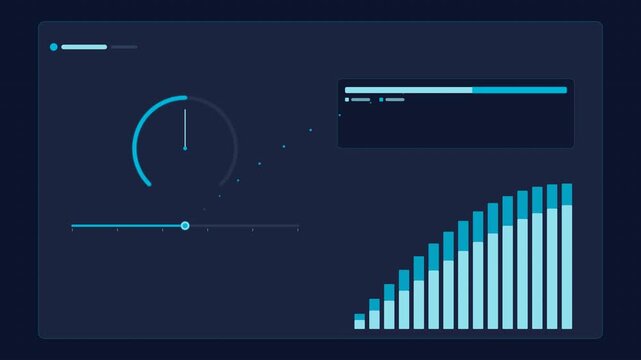 Digital data dashboard interface with rising bar chart and circular gauge visualization business analytics progress indicator UI design infographic elements financial report