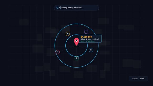 Real estate digital map interface searching for local property amenities and housing data location search navigation gps investment location search navigation gps investment
