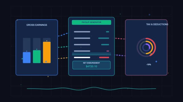 Financial dashboard displaying gross earnings and net disbursement with tax breakdown earnings report tax deductions payslip generator business finance income statement