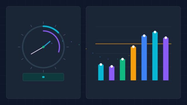 Abstract digital clock face and colorful bar chart analysis animation data analysis time management business metrics performance monitoring infographic elements