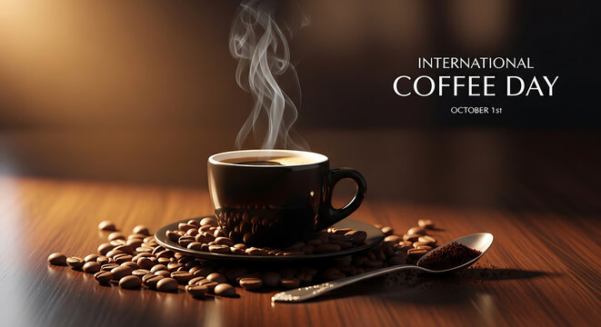 Steaming cup of hot coffee with roasted beans on dark table