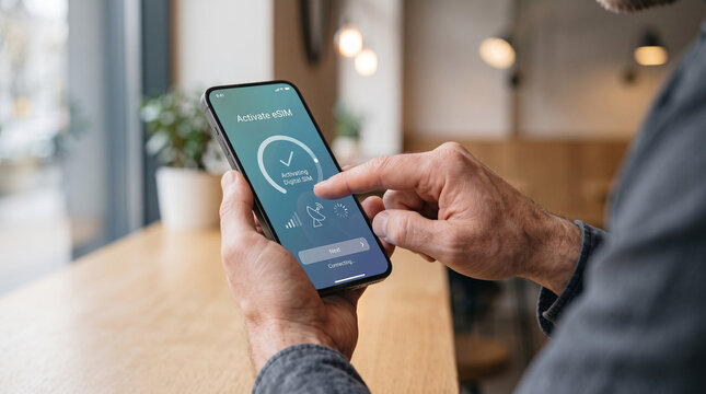 Man Activating eSIM on Smartphone for Mobile Connectivity
