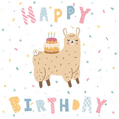 Fototapeta premium Capybara in a party hat, lettering happybirthday, greeting card, isolated on white background