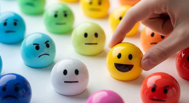 Hand picking a happy yellow emoji ball among sad faces