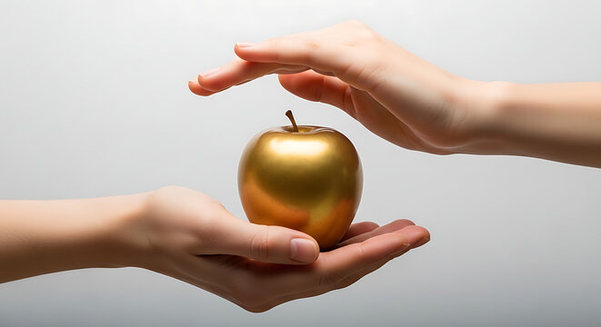 Hands holding a shiny golden apple fruit