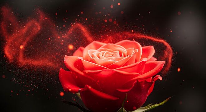 Beautiful red rose flower with glowing magical light sparks