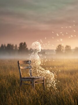 Dandelion seeds forming a human silhouette on a wooden bench in a misty field at sunset, a concept of grief transformed into memory