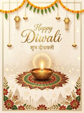 Happy Diwali elegant vertical banner with burning clay diya on traditional rangoli, temple silhouette, and dual-language typography on cream mandala background