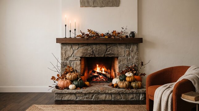 Cozy autumn living room interior featuring a stone fireplace with a burning fire, decorated with pumpkins, fall foliage, and lit taper candles