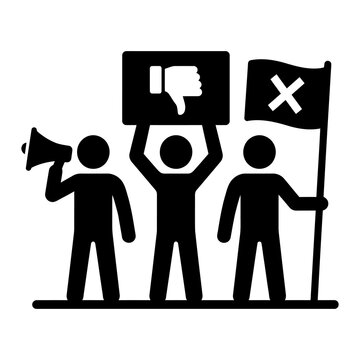 Black silhouette icons of protesters with megaphone thumbs down sign and flag depicting disagreement