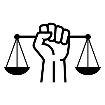 Fist raised holding scales of justice symbol with equality activism fairness strength advocacy judgment