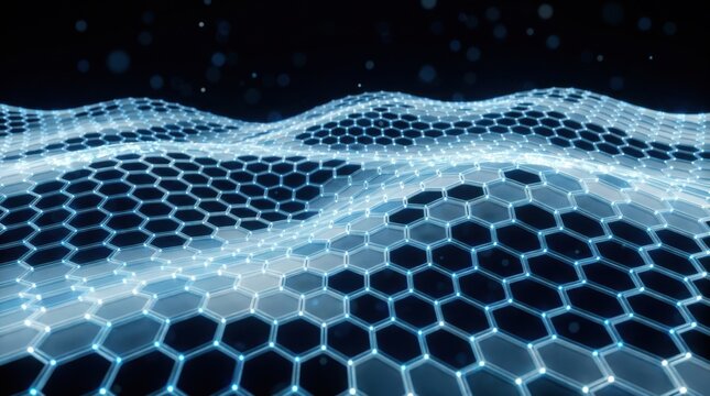 Digital hexagonal grid surface with blue light and dark background.